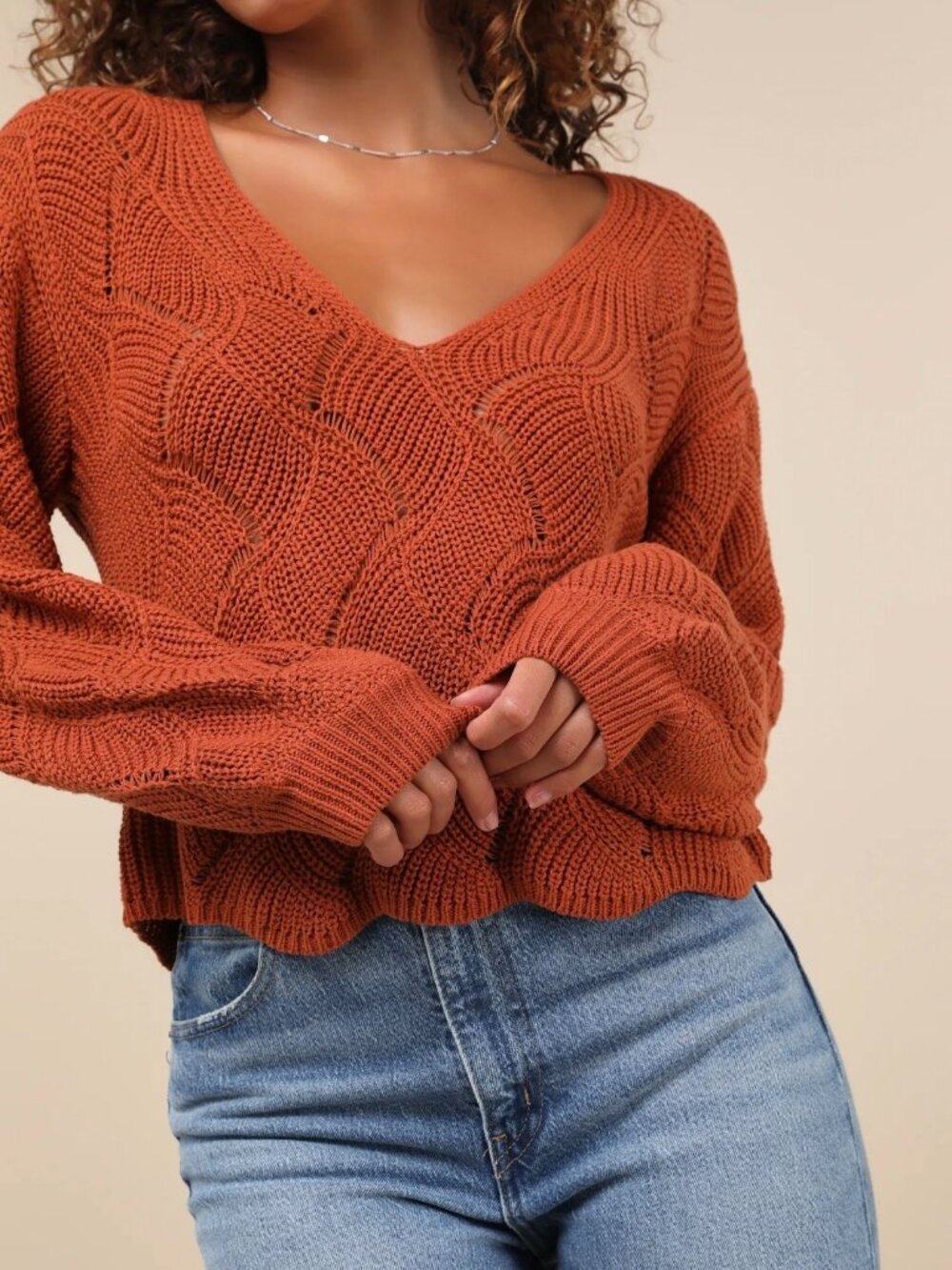 Lulus Cute Lifestyle Rust Orange Pointelle Knit V-Neck Sweater Top - Size M -NWT
